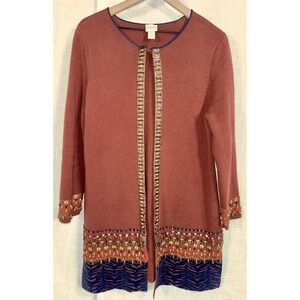 Chico's Sz 1 M Women's Embellished Beaded Fall Sweater Cardigan Orange Brown